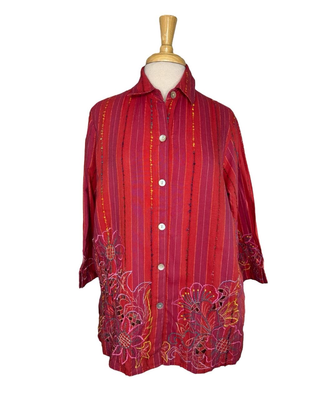 COLDWATER CREEK Striped Floral Embroidered Button Up Shirt Size Large Pink Red